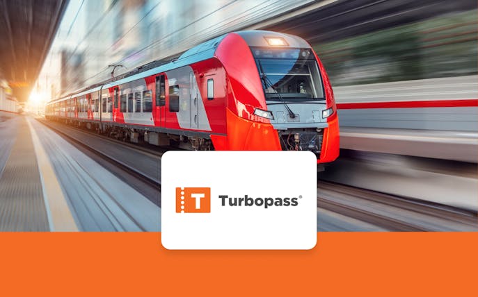 Munich train with Turbopass logo, highlighting free public transport and discounts.