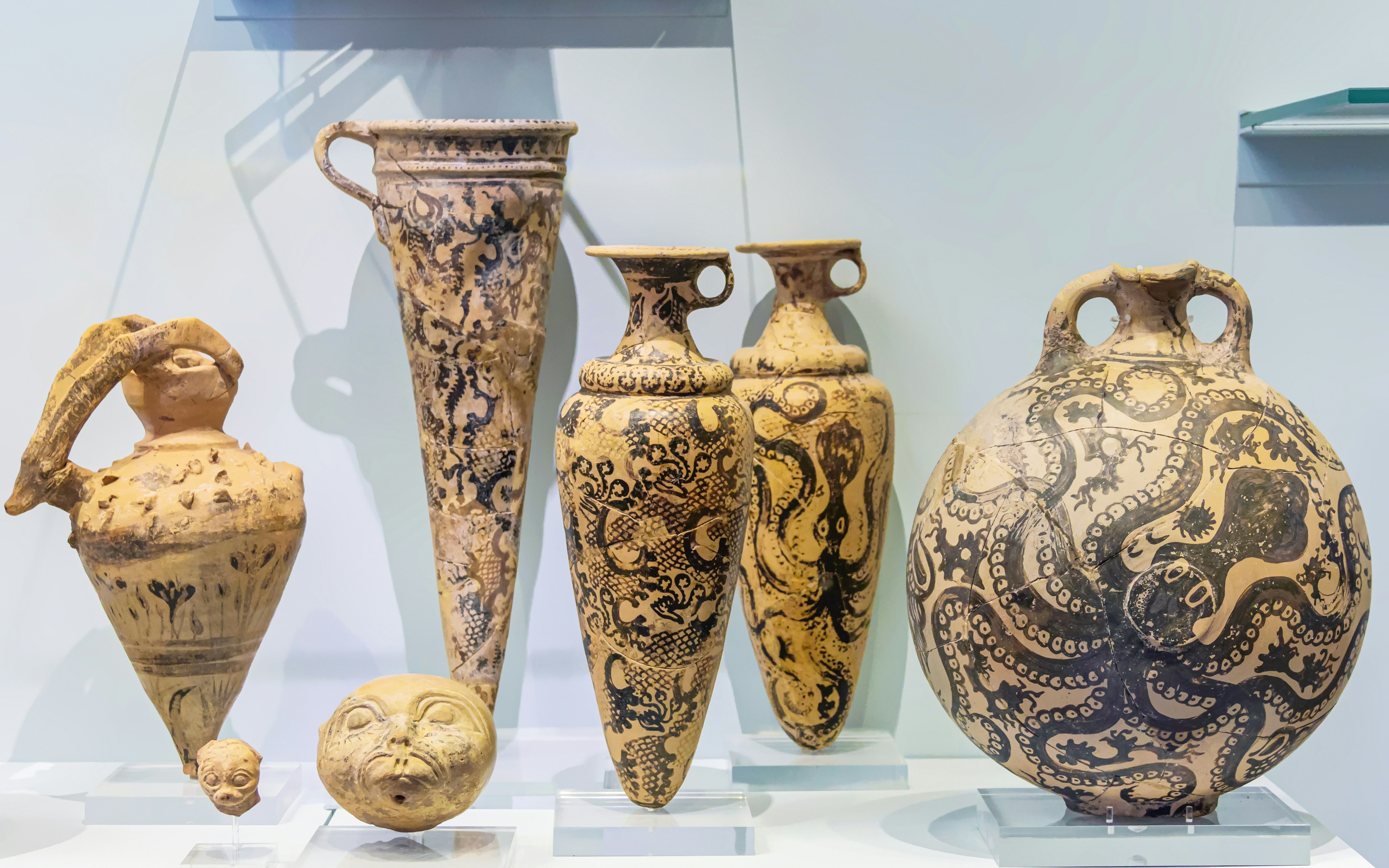 Minoan pottery with marine motifs at Heraklion Archaeological Museum, Crete, Greece.