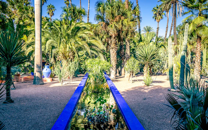 Jardin Majorelle garden with palm trees and blue water feature in Marrakech.