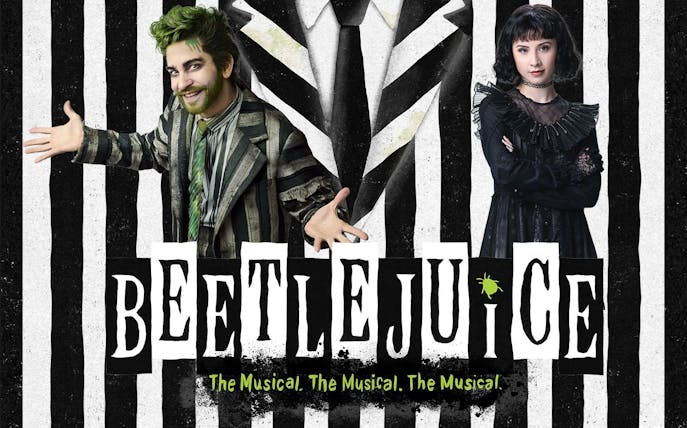 Beetlejuice Brisbane show poster with characters in striped suits