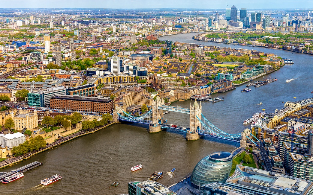 Aerial view of Tower Bridge and the Thames River in London from The Shard.