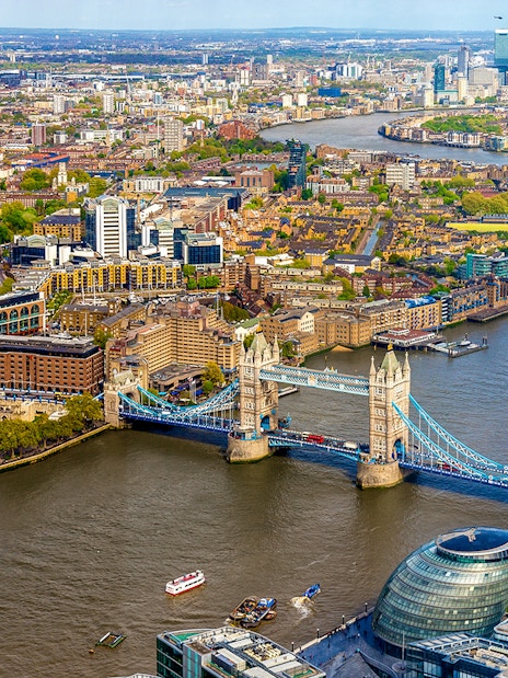 Aerial view of Tower Bridge and the Thames River in London from The Shard.