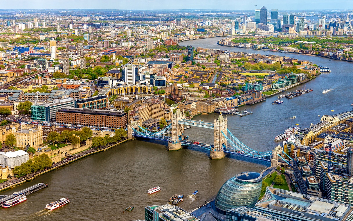 Aerial view of Tower Bridge and the Thames River in London from The Shard.