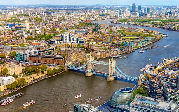 Aerial view of Tower Bridge and the Thames River in London from The Shard.