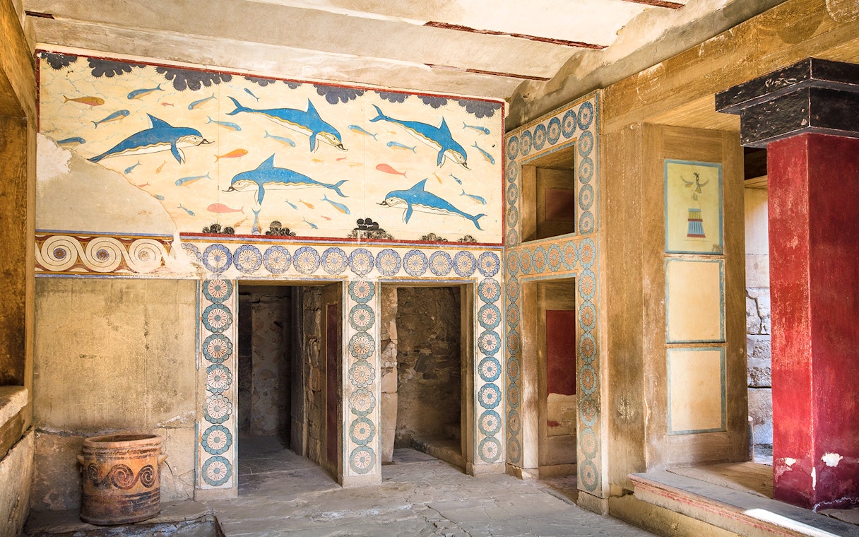 Knossos Palace fresco with dolphins and geometric patterns, Crete archaeological site.