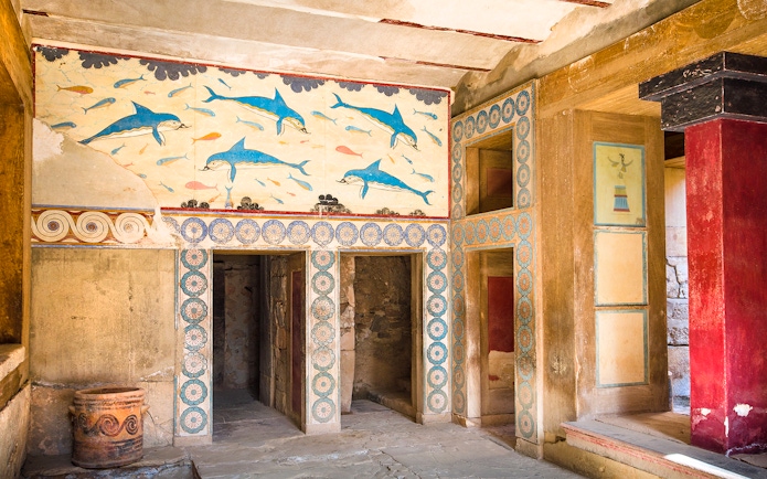 Knossos Palace fresco with dolphins and geometric patterns, Crete archaeological site.