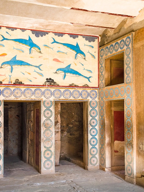 Knossos Palace fresco with dolphins and geometric patterns, Crete archaeological site.