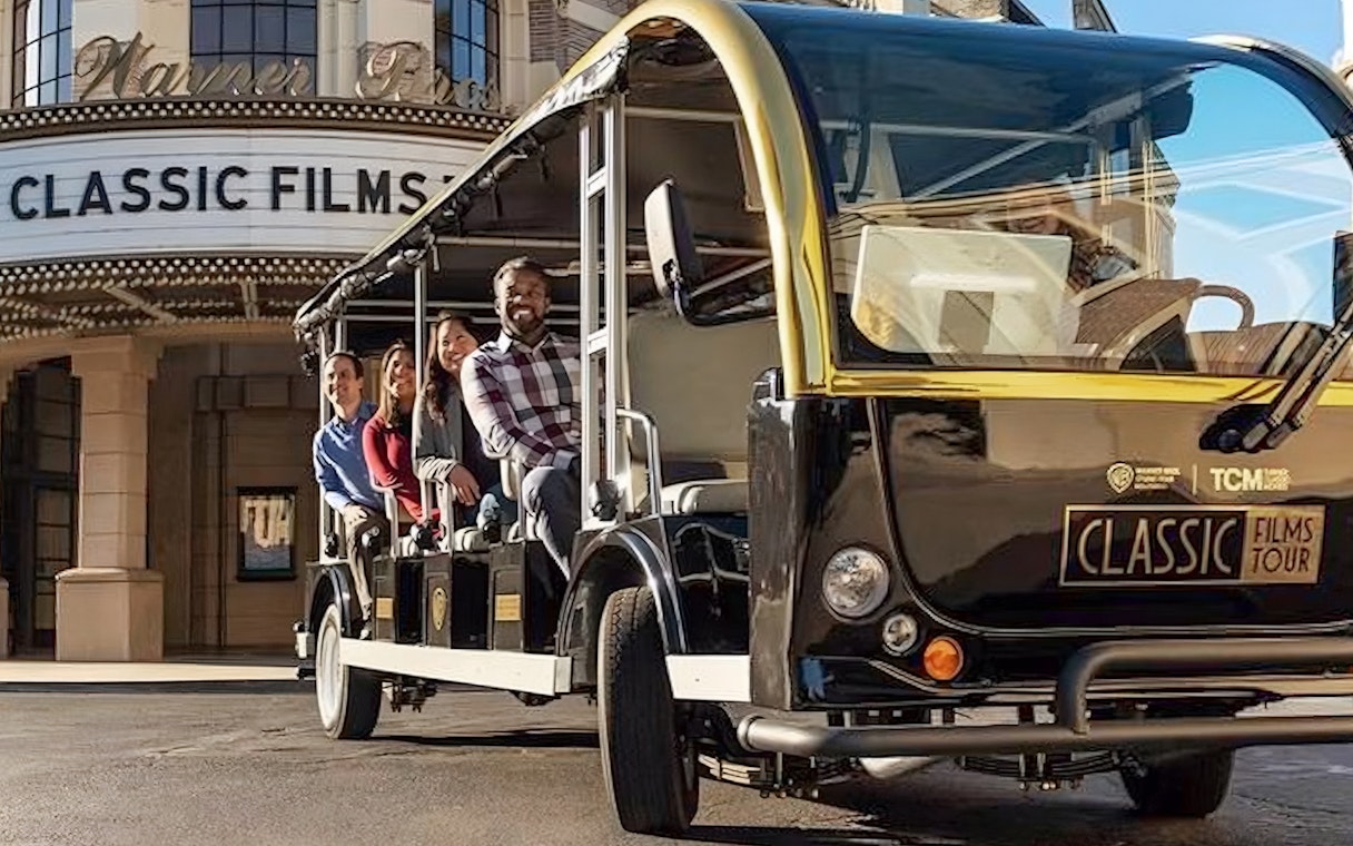 Tour group on tram at Warner Bros. Studio, Hollywood, for TCM Classic Films Tour.
