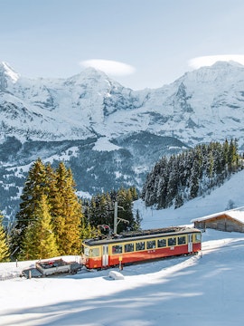Train traveling through snowy landscape from Interlaken to Jungfraujoch with mountain views.
