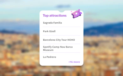 Top attractions in Barcelona, including Sagrada Familia and Park Güell, with city view from Montjuic.