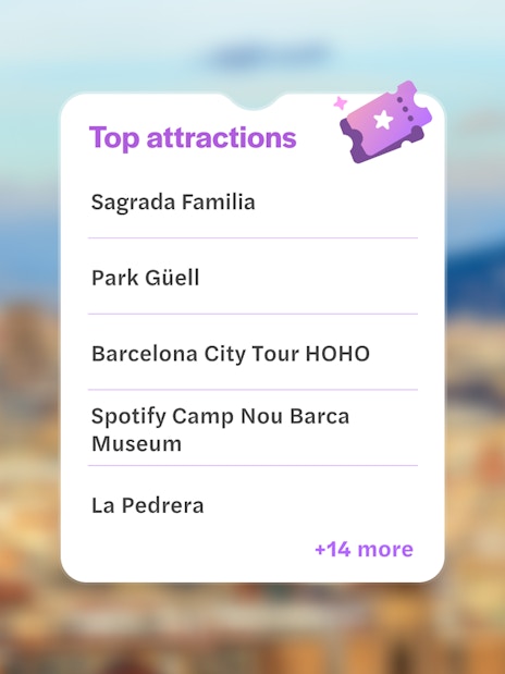 Top attractions in Barcelona, including Sagrada Familia and Park Güell, with city view from Montjuic.