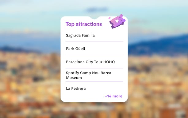 Top attractions in Barcelona, including Sagrada Familia and Park Güell, with city view from Montjuic.