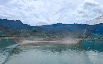 Fishing net over Lap An Lagoon with mountains in the background, Da Nang.