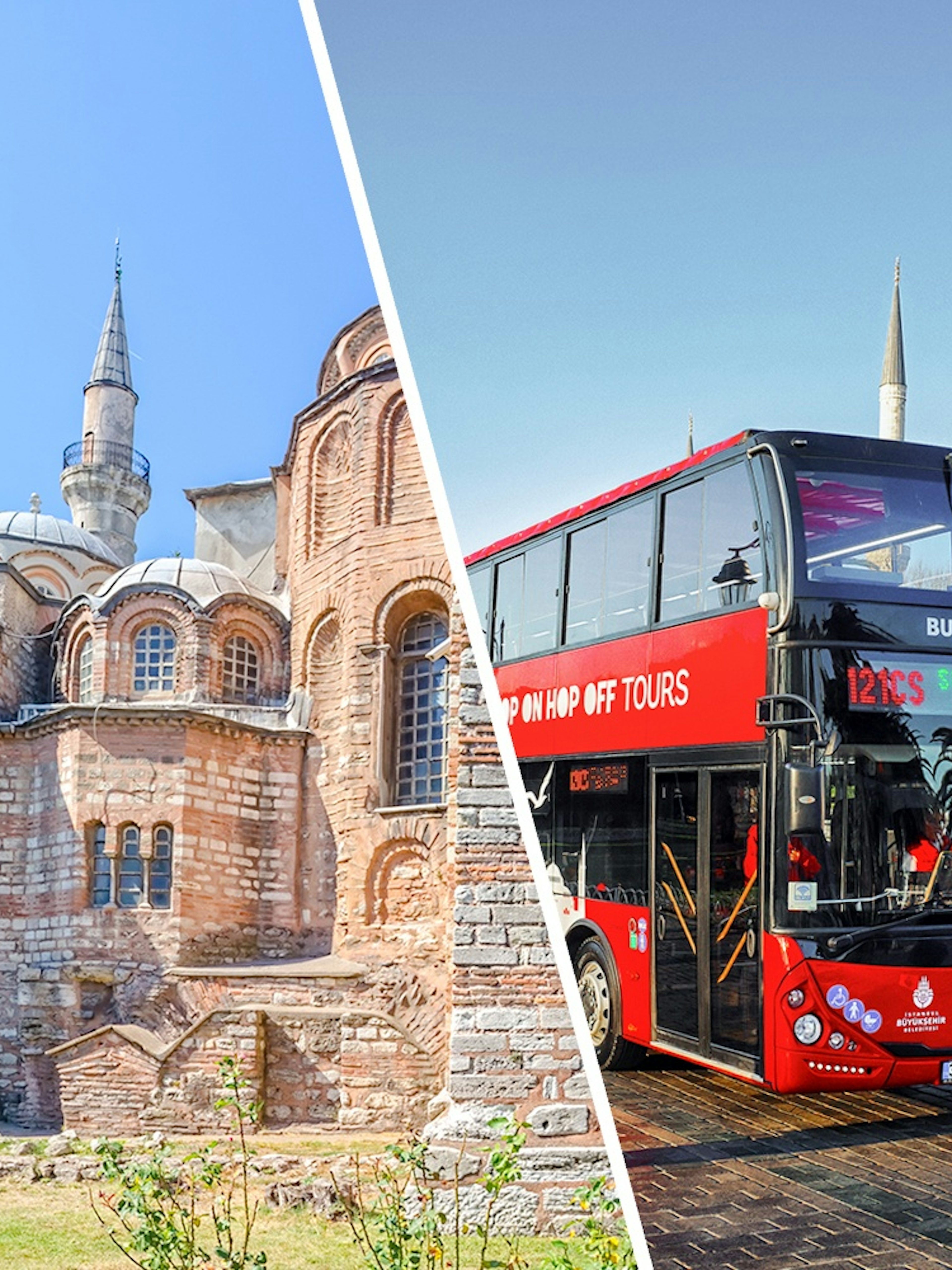 Kariye Mosque and red hop-on hop-off tour bus in Istanbul.