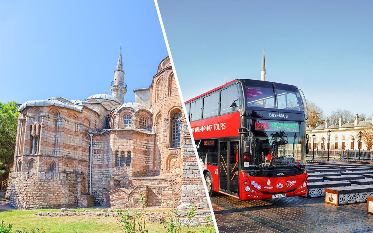 Kariye Mosque and red hop-on hop-off tour bus in Istanbul.