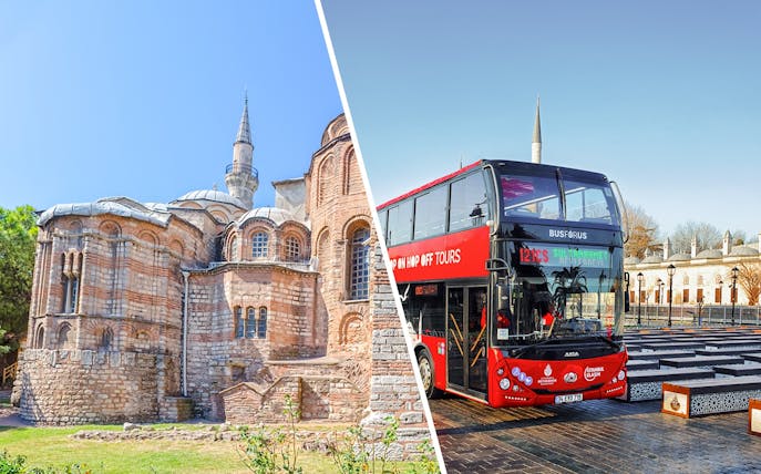 Kariye Mosque and red hop-on hop-off tour bus in Istanbul.