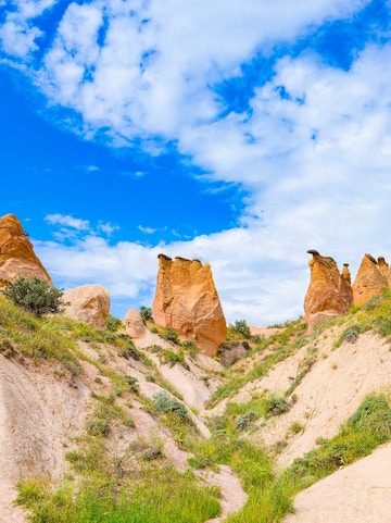 Rock formations in Devrent Imagination Valley, Cappadocia, under a blue sky.
