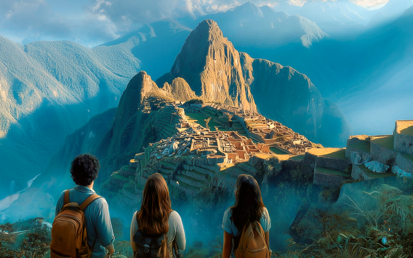 Visitors overlooking Machu Picchu ruins with mountain backdrop, Journey to the Lost City tour.