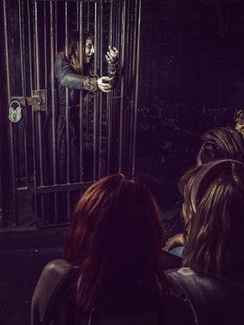Witch character behind bars at York Dungeon's Curse of the Witch attraction.