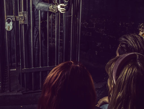 Witch character behind bars at York Dungeon's Curse of the Witch attraction.
