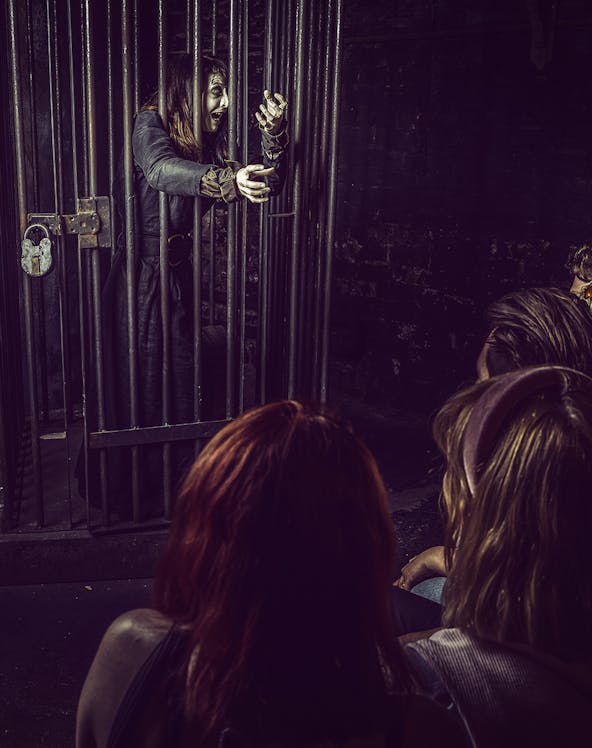 Witch character behind bars at York Dungeon's Curse of the Witch attraction.