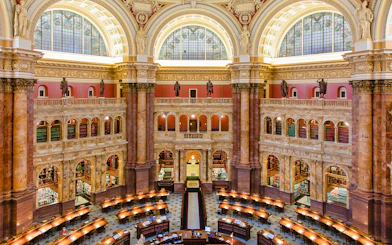 Library of Congress reading room with ornate architecture and bookshelves, Washington D.C.