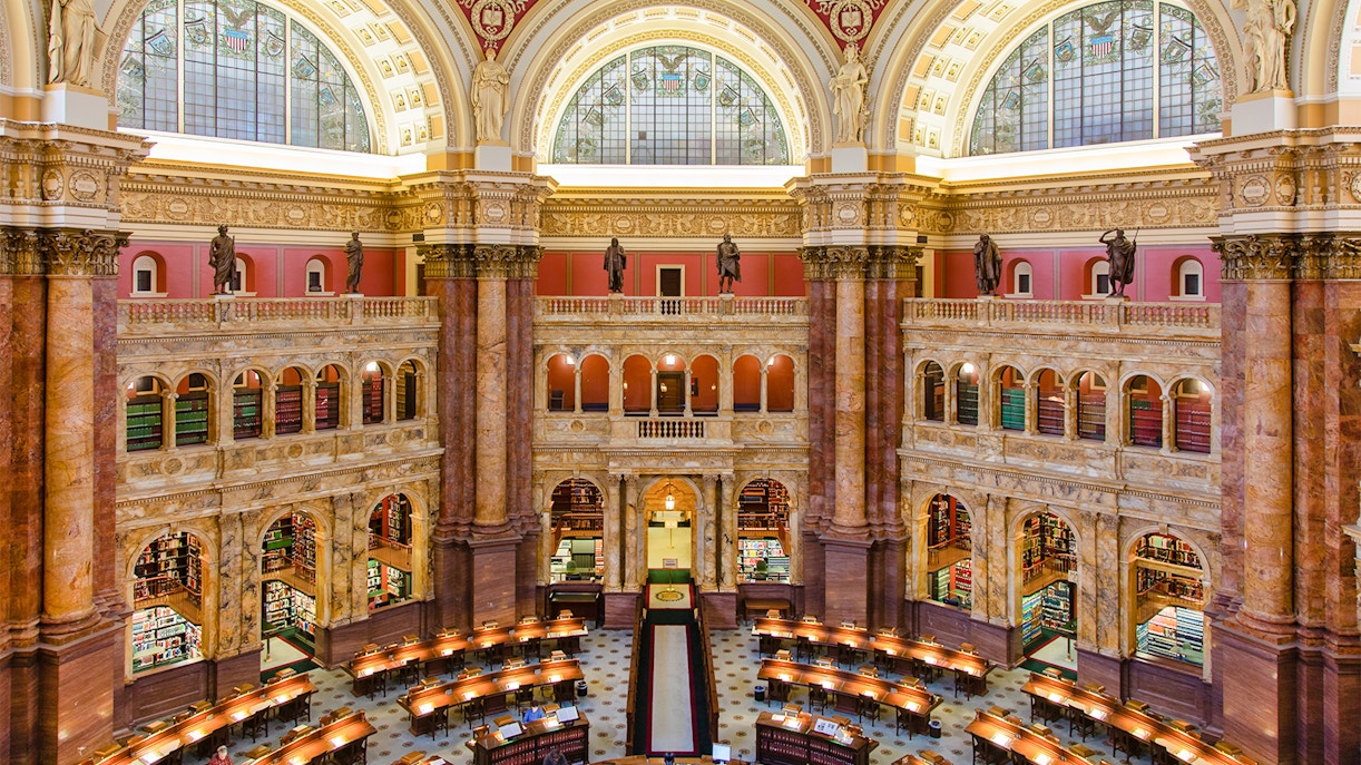 Library of Congress reading room with ornate architecture and bookshelves, Washington D.C.