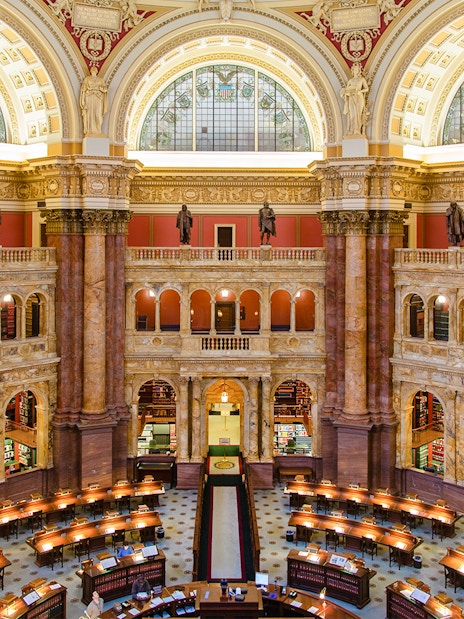 Library of Congress reading room with ornate architecture and bookshelves, Washington D.C.