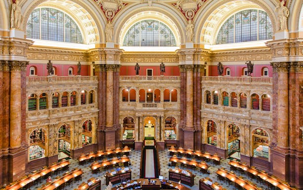 Library of Congress reading room with ornate architecture and bookshelves, Washington D.C.