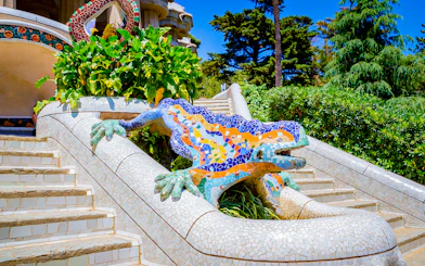 Mosaic lizard sculpture at Park Güell, Barcelona, part of Combo: Park Güell + Sagrada Familia tour.