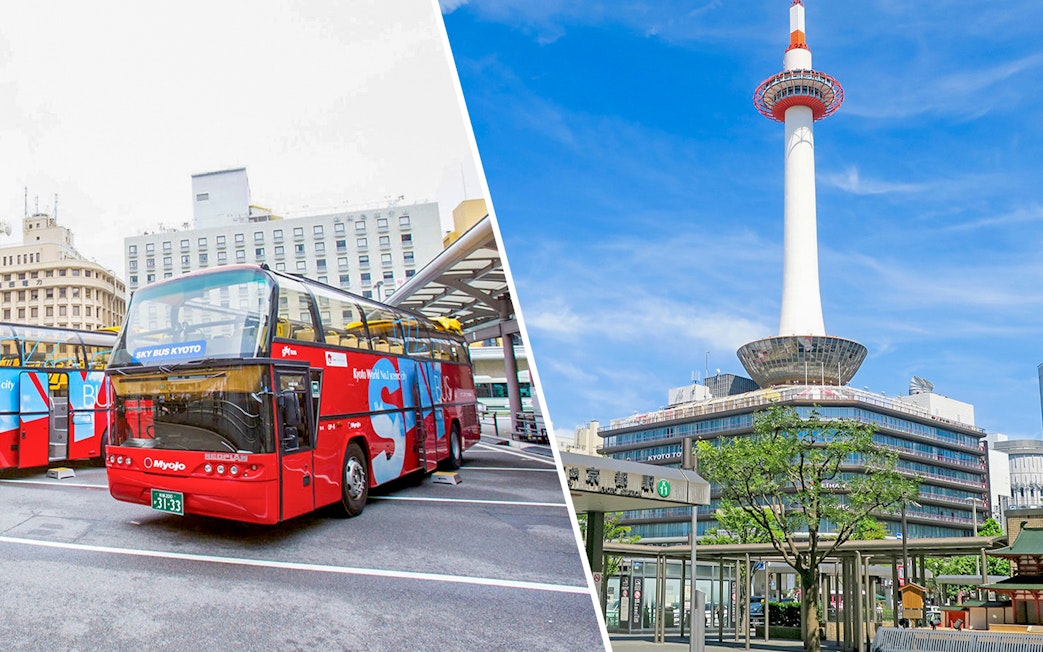 Kyoto Sky Bus tour with view of Kyoto Tower in Japan.