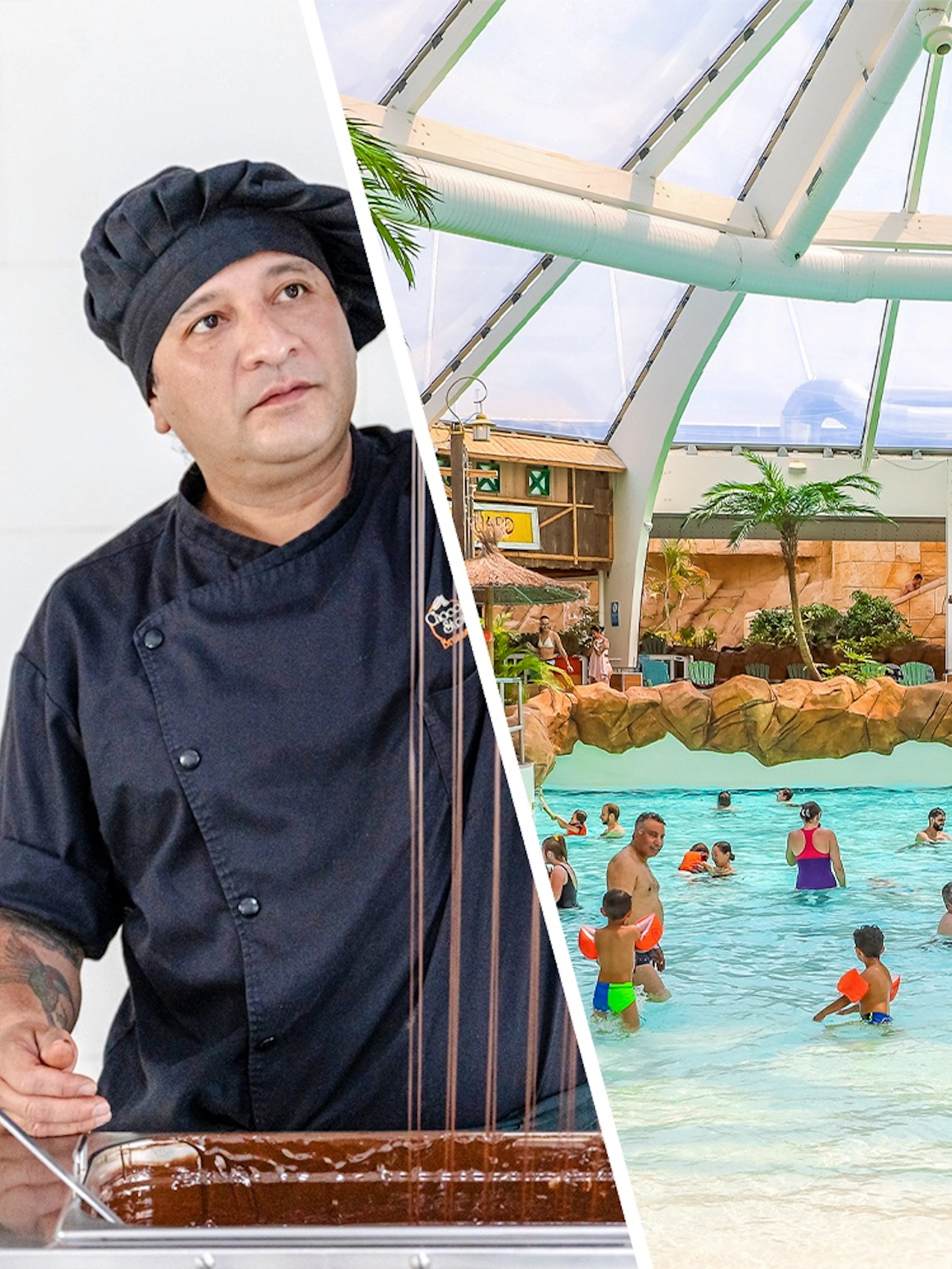 Chocolatier at Choco-Story Brussels Museum and visitors enjoying Aqualibi water park in Belgium.