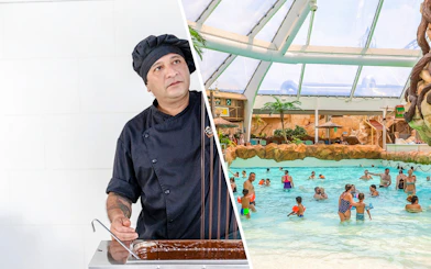 Chocolatier at Choco-Story Brussels Museum and visitors enjoying Aqualibi water park in Belgium.