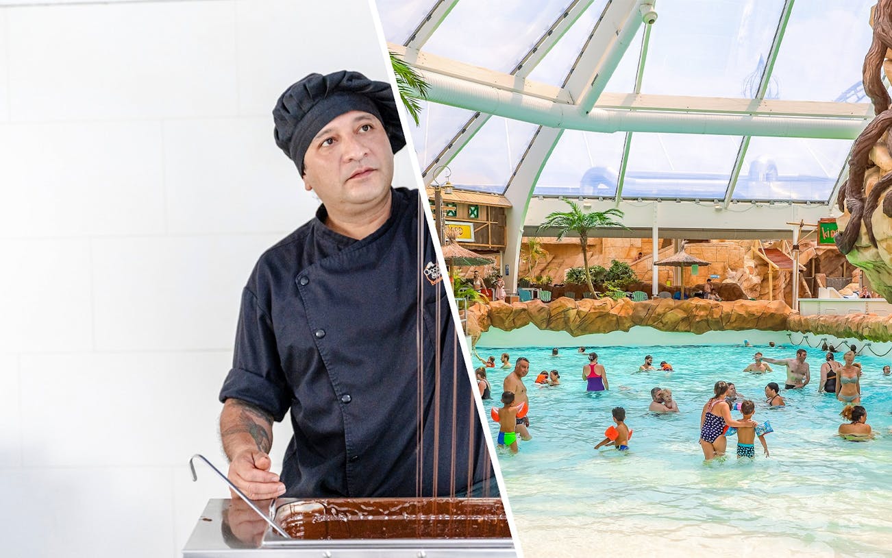 Chocolatier at Choco-Story Brussels Museum and visitors enjoying Aqualibi water park in Belgium.
