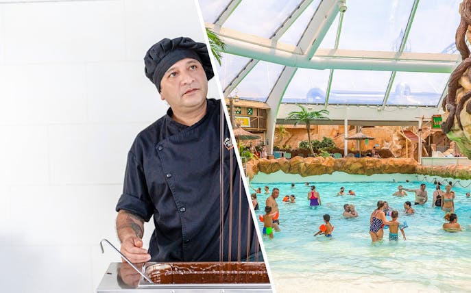 Chocolatier at Choco-Story Brussels Museum and visitors enjoying Aqualibi water park in Belgium.