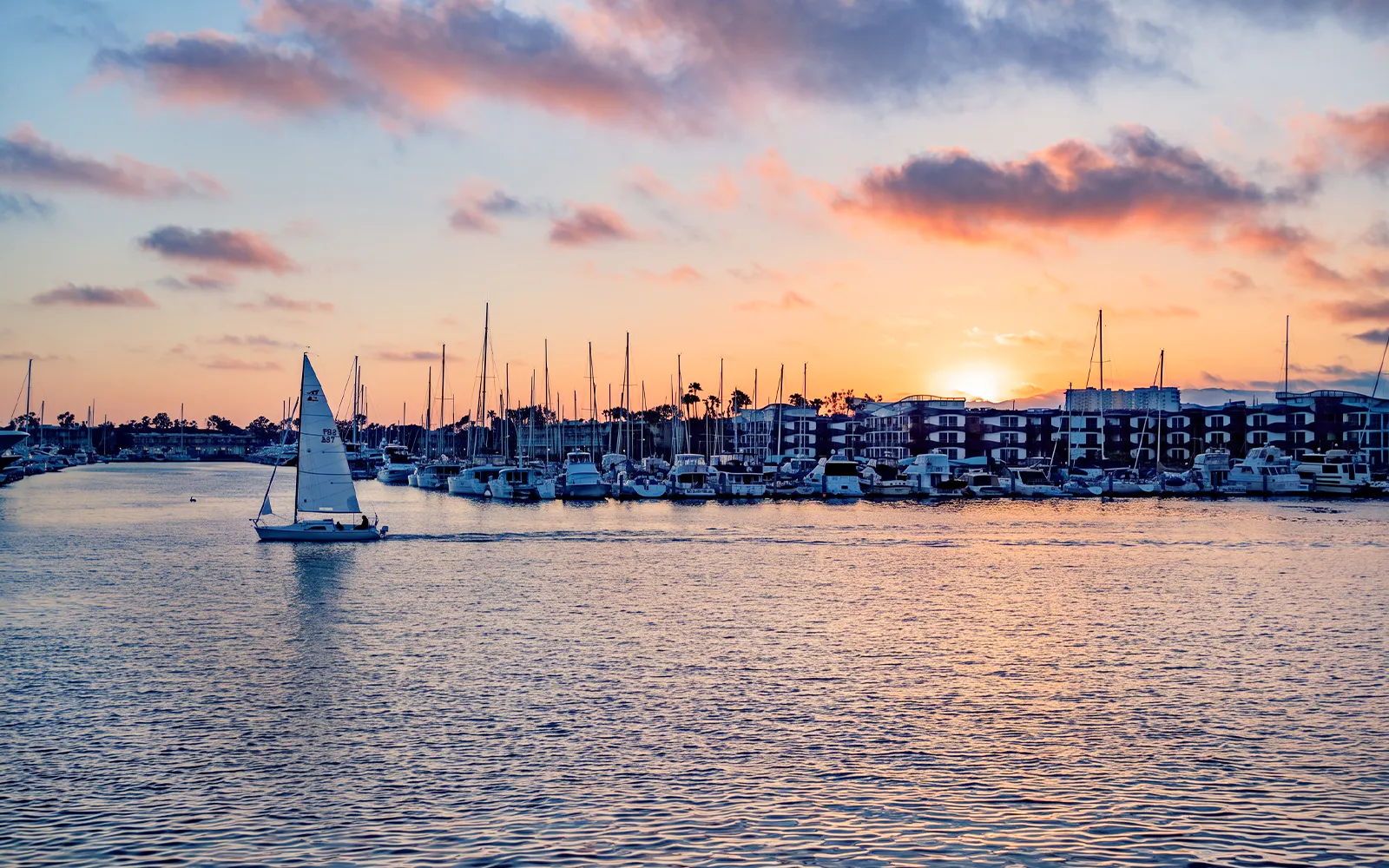 Sailboat on Marina del Rey waters at sunset during Premier Dinner Cruise.