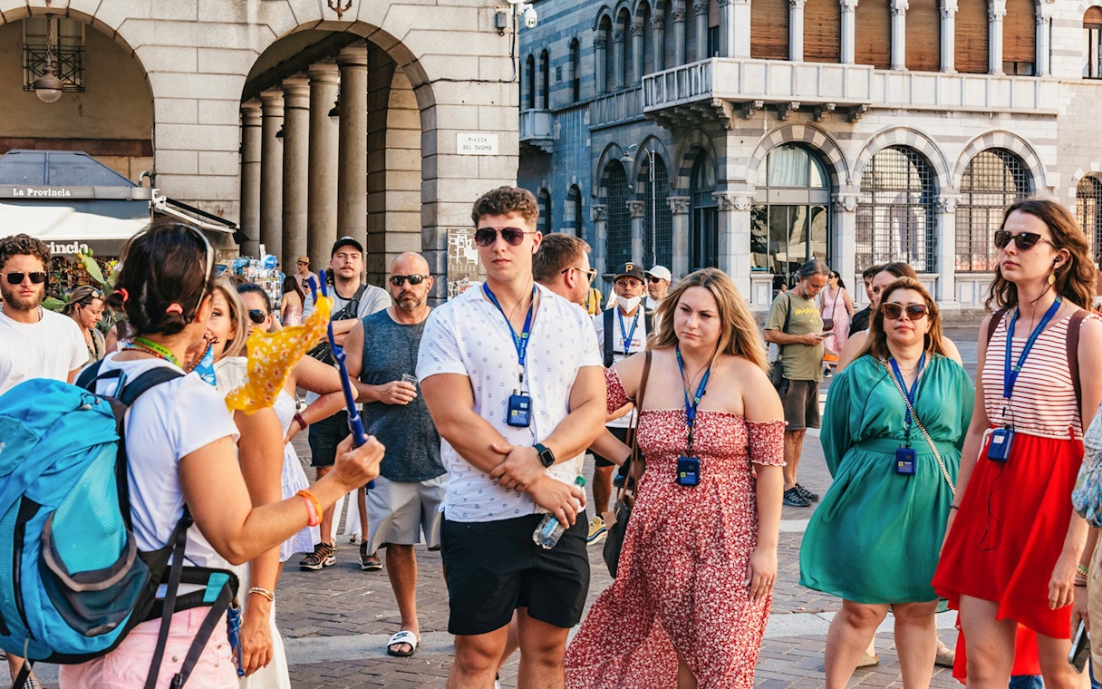 Tourists gathered near Como Cathedral in Italy.