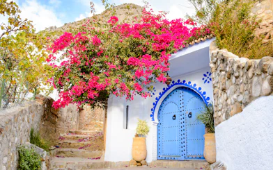 Blue door with pink bougainvillea in Chefchaouen, Morocco.