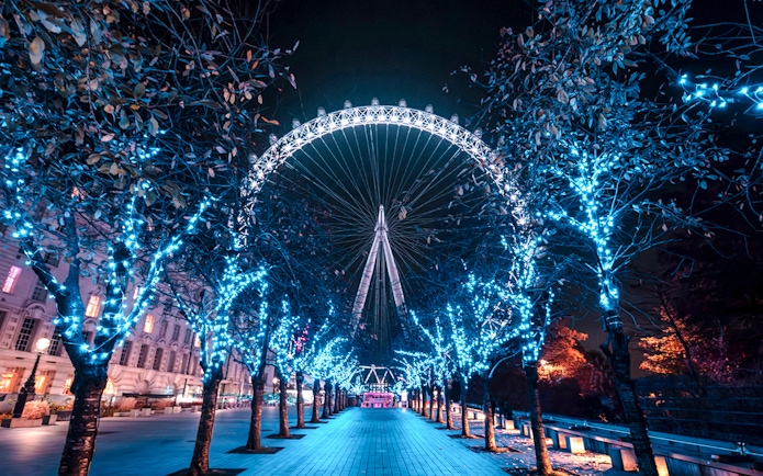 London Eye illuminated at night, viewed through a path of lit trees.