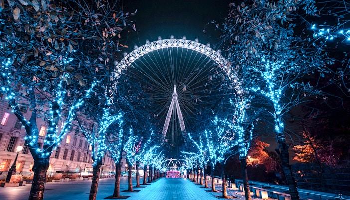 London Eye illuminated at night, viewed through a path of lit trees.