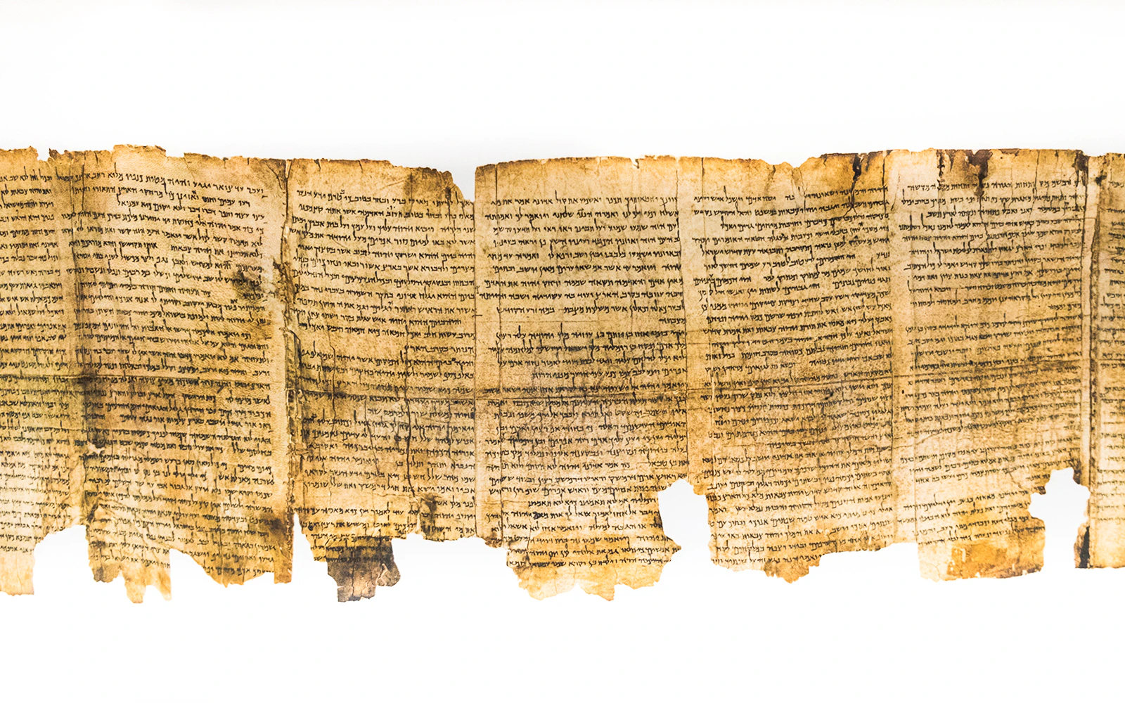 Ancient Dead Sea Scroll fragment with Hebrew text.