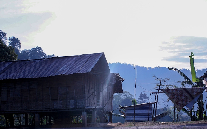 Traditional wooden house in Cameron Highlands with misty hills in the background.