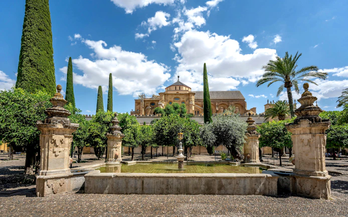 Patio de los Naranjos Courtyard with Santa Maria Fountain at Mosque–Cathedral of Cordoba, Spain.
