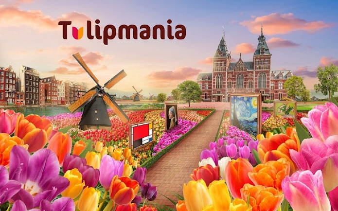 Tulip fields with windmill and art displays at Gardens by the Bay during Tulipmania.