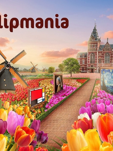 Tulip fields with windmill and art displays at Gardens by the Bay during Tulipmania.
