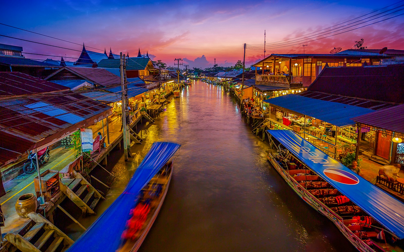 Amphawa canal and village at twilight.