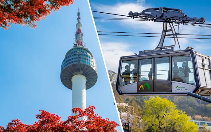 N Seoul Tower and Namsan Cable Car with passengers, Seoul, South Korea.