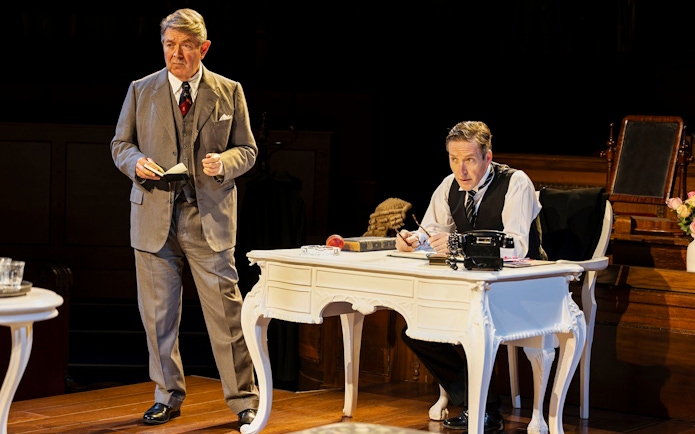 Stage scene from "Witness for the Prosecution" in West End courtroom setting.