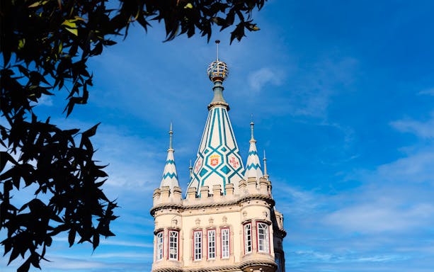 Sintra town hall tower with blue sky background on guided walking tour.