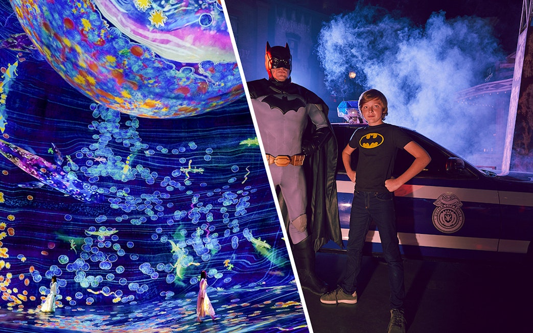 teamLab Phenomena digital art and Batman character at Warner Bros. World Abu Dhabi